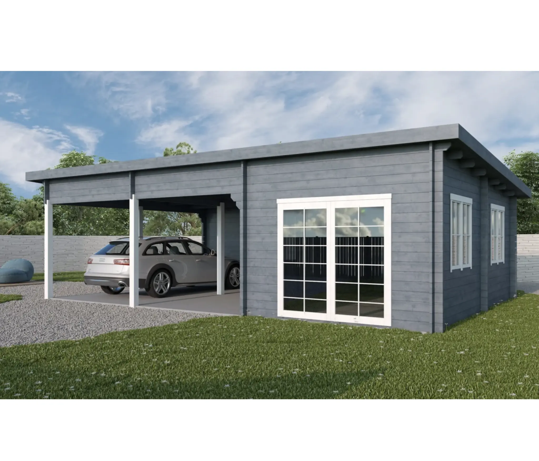 Tivoli – Double carport with flat roof and shed (5.95 m x 9.5 m), 44 mm
