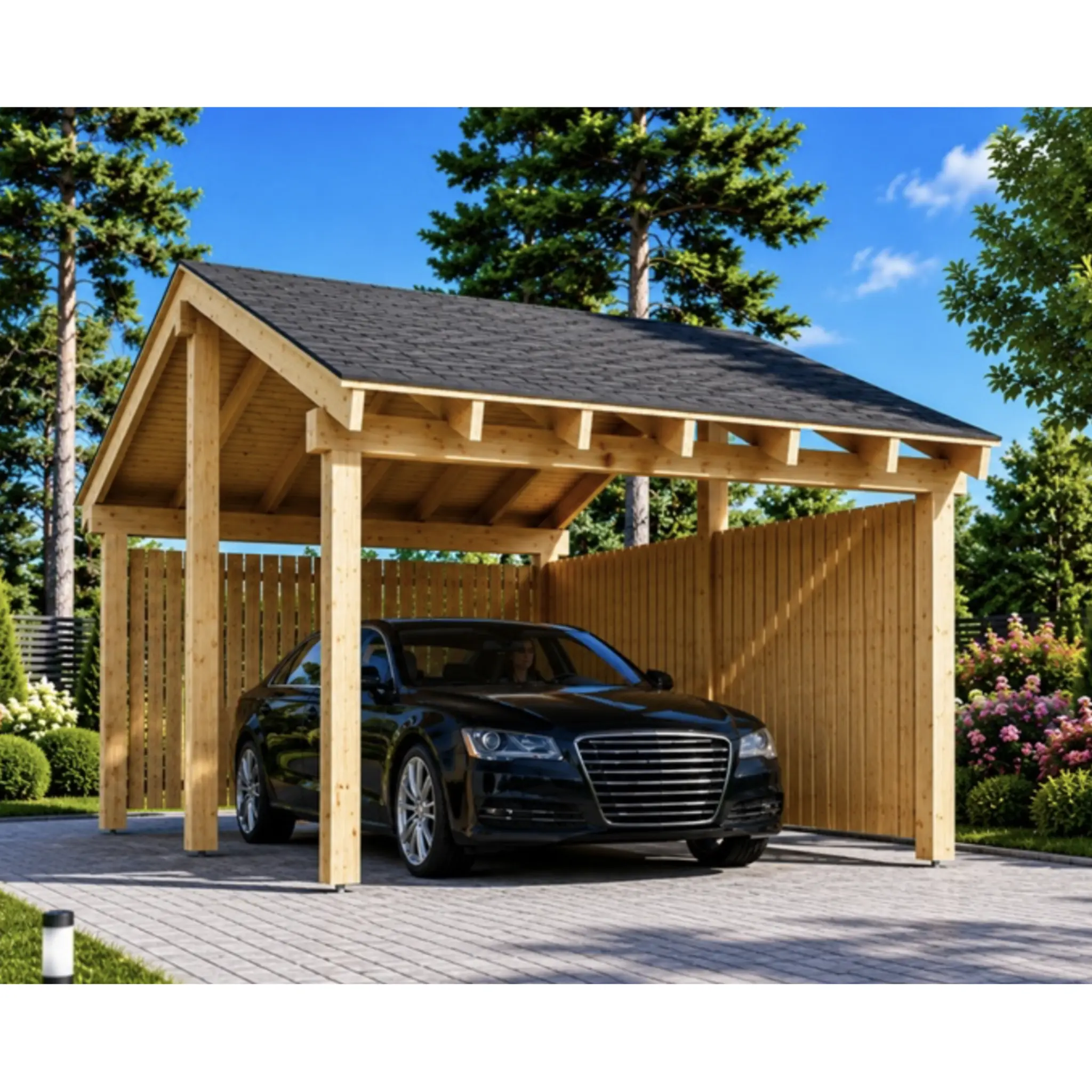Puidust auto varjualune L-kujulise seinaga LUNA (3,2 × 6 m)