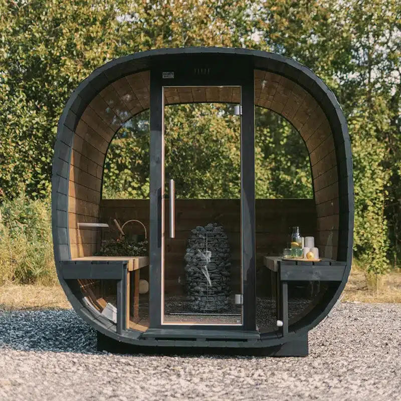 2.4m Kuru panoramic glass cube-sauna with outside seats for 4 persons