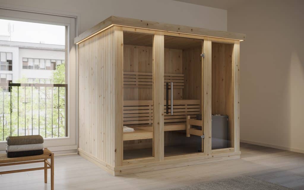 Indoor sauna cabin, 200 × 200 × 190 cm, 2–4 persons