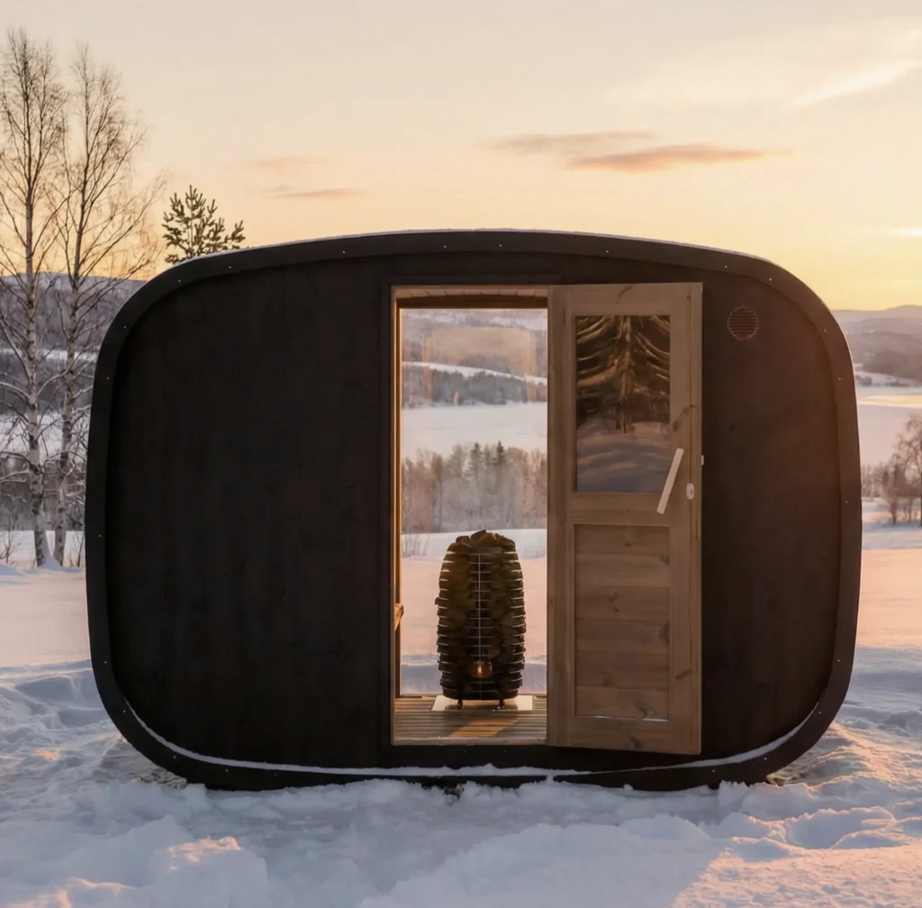 Vision-sauna – ovaalinmuotoinen ulkosauna 8-henkilölle