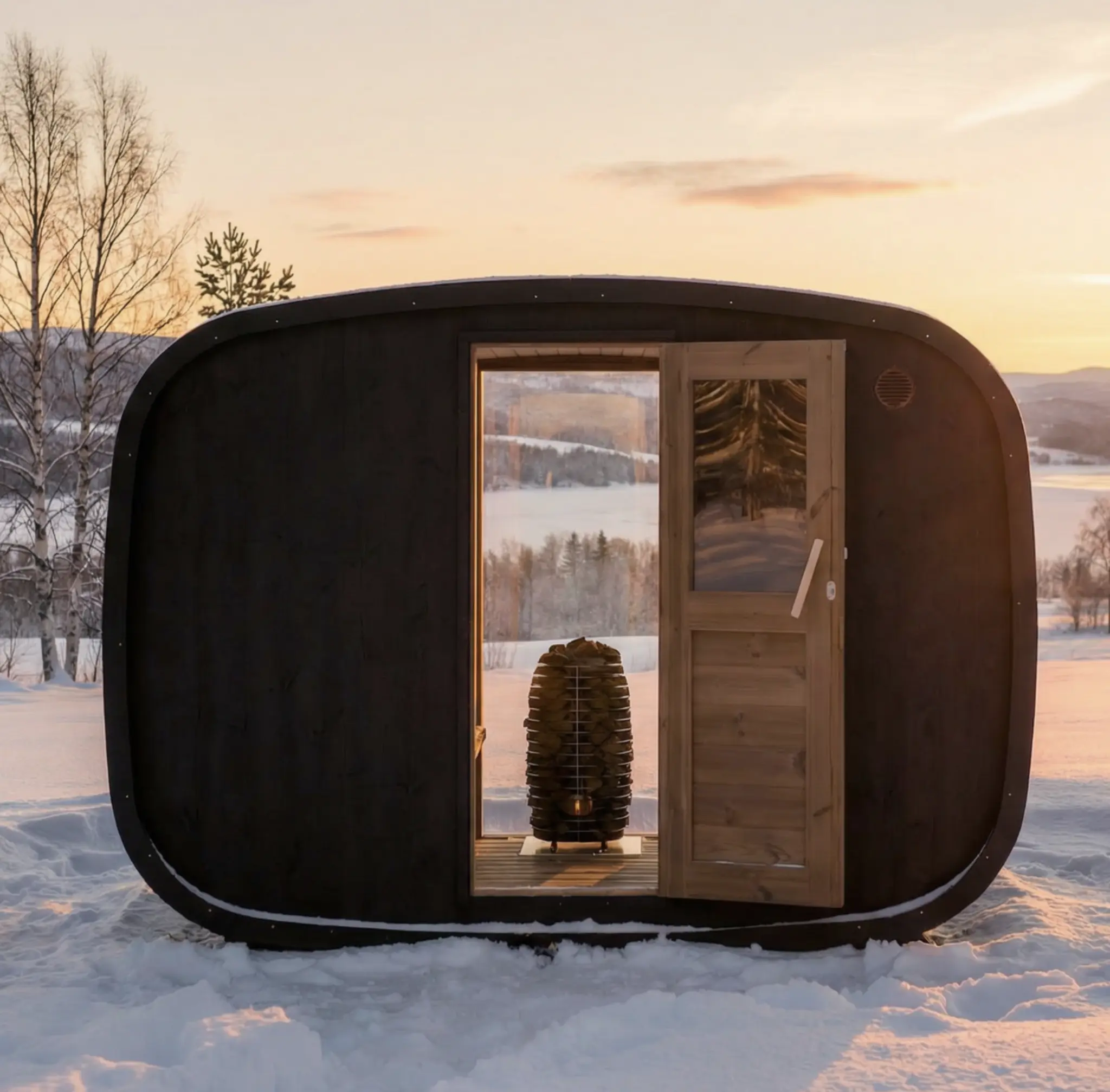 Vision-sauna – ovaalinmuotoinen ulkosauna 8-henkilölle