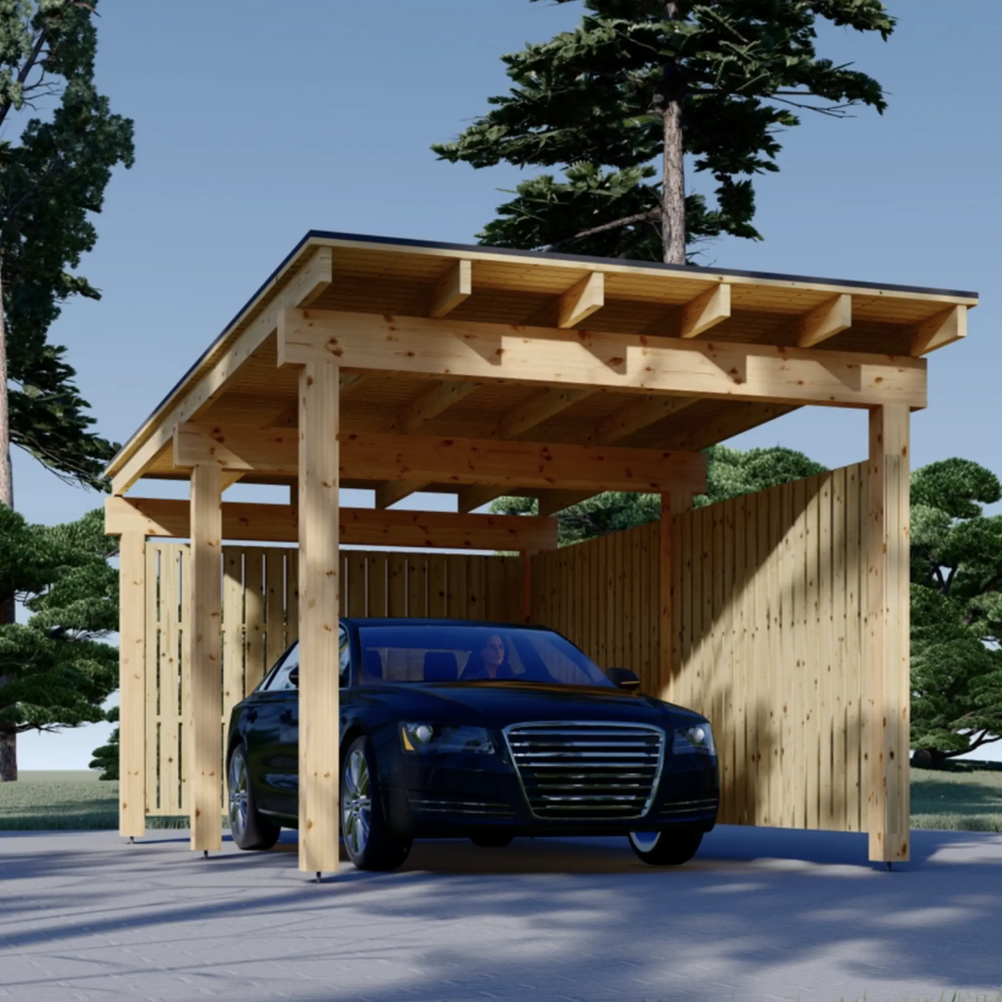 Wooden Carport LUNA F with L-Shaped Wall (3.2 x 6 m)